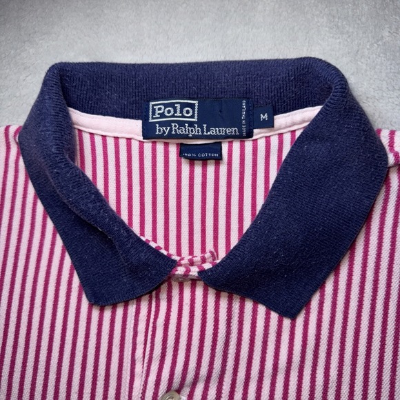 Vintage Polo Ralph Lauren Pink White Striped Navy & Pink Trim Polo‎ Shirt Medium - Picture 3 of 10